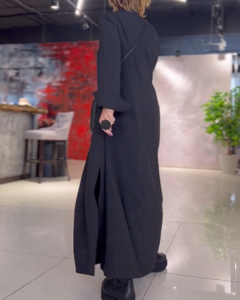 Evia™ | Loose long dress with lapels and side slit